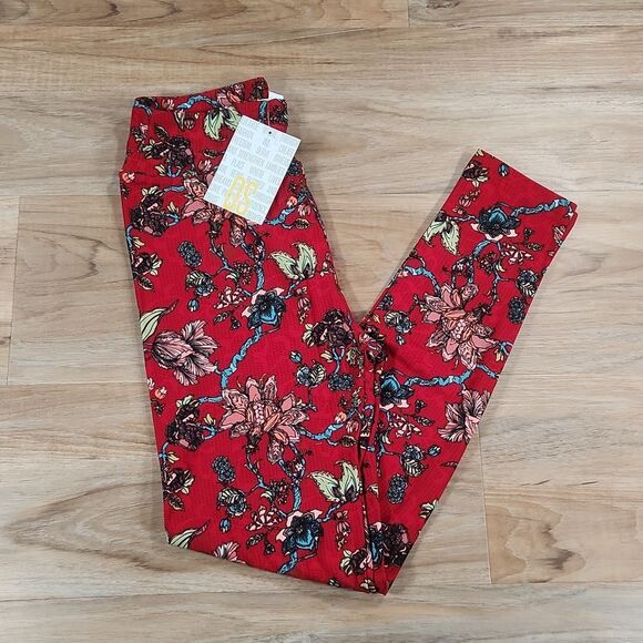 🔺️NWT LuLaRoe Red Floral Print Pants One Size - Picture 1 of 8